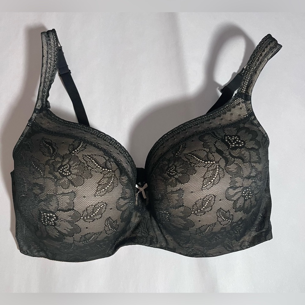 Cacique black Nude Illusion whimsigoth Lace Overlay Balcony Bra 38DDD‎
